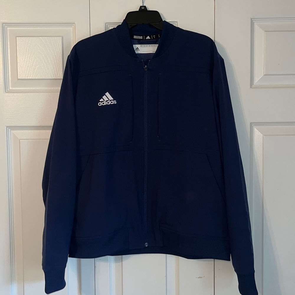 Mens navy blue Adidas bomber jacket.